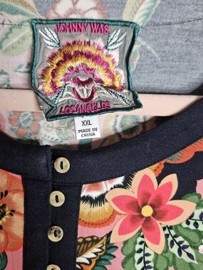 Johnny Was Navy Floral Henley with Pink & Coral Blooms